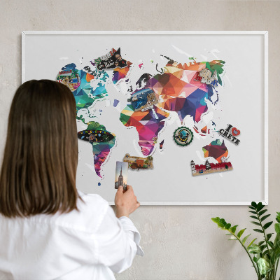 Wand-Magnettafel für Reisesouvenirs mit weißem Rahmen Weltkarte