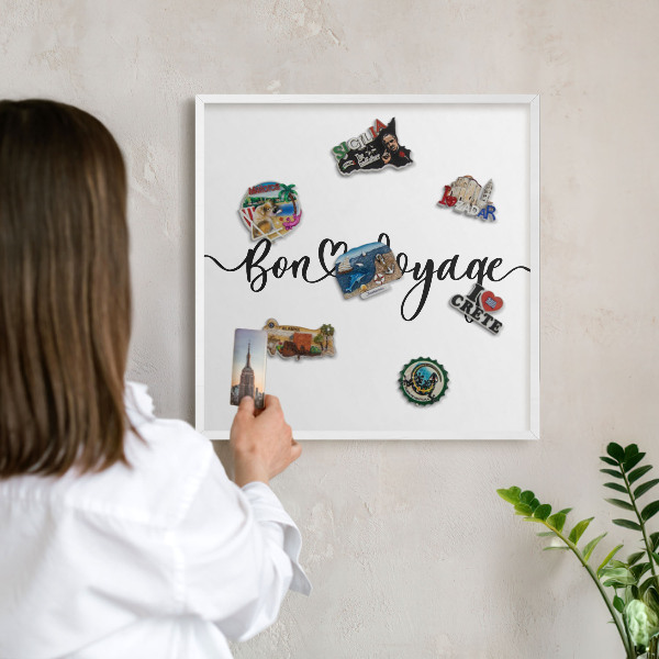 Wand-Magnettafel für Reisesouvenirs mit weißem Rahmen Gute Reise