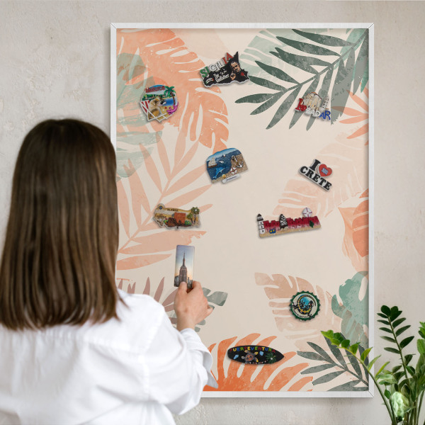 Wand-Magnettafel für Reisesouvenirs mit weißem Rahmen Tropische Blätter