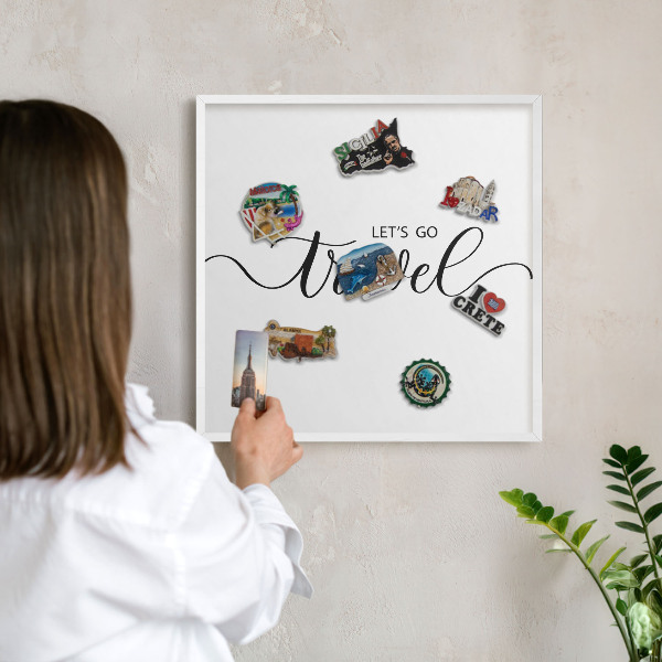 Wand-Magnettafel für Reisesouvenirs mit weißem Rahmen Lass uns zusammen reisen