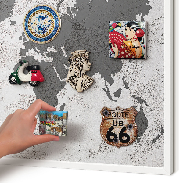 Magnettafel aus Metall für Souvenirs in weißem Rahmen Weltkarte