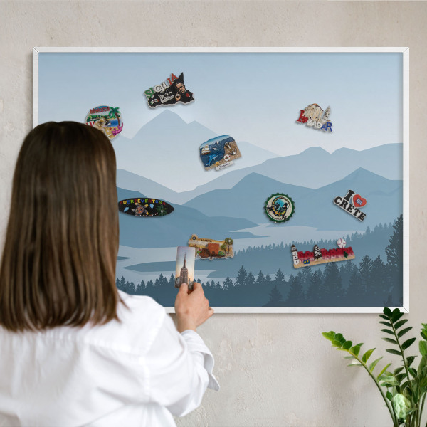 Magnettafel aus Metall für Souvenirs in weißem Rahmen Harmonie der Berge