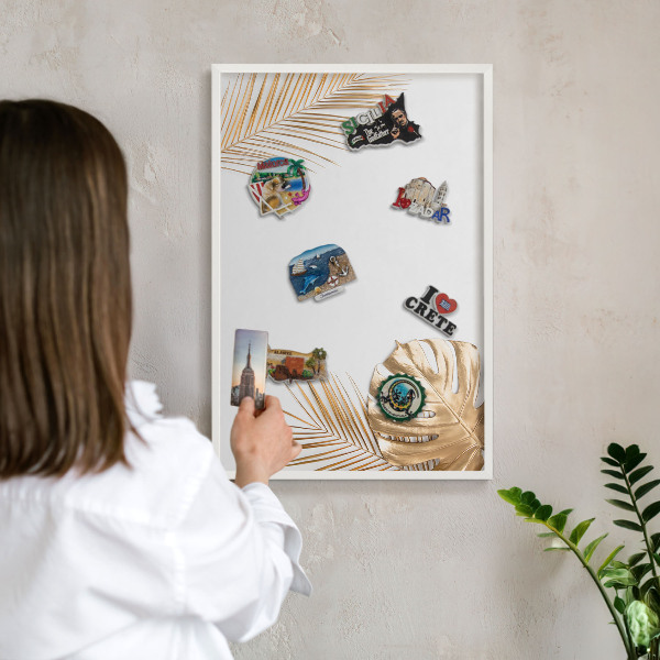 Wand-Magnettafel für Reisesouvenirs mit weißem Rahmen Elegante Blätter