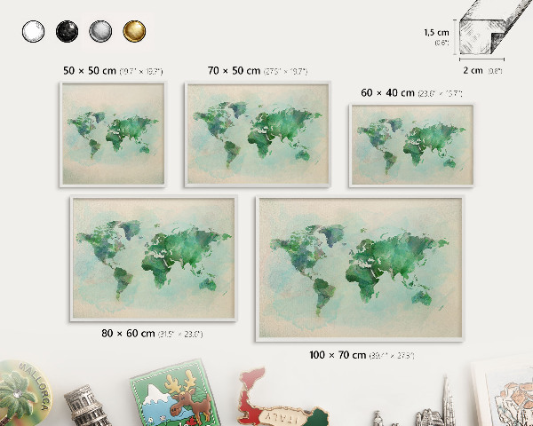 Wand-Magnettafel für Reisesouvenirs mit weißem Rahmen Weltkarte