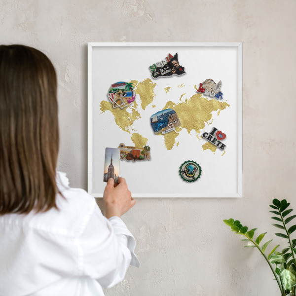 Wand-Magnettafel für Reisesouvenirs mit weißem Rahmen Weltkarte