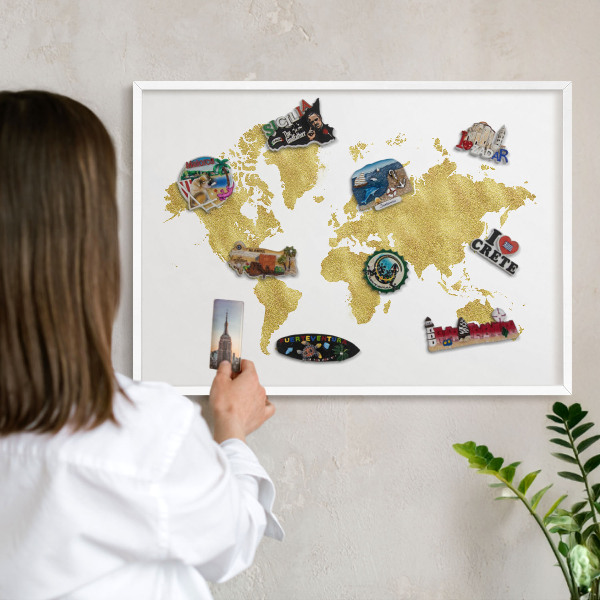 Wand-Magnettafel für Reisesouvenirs mit weißem Rahmen Weltkarte