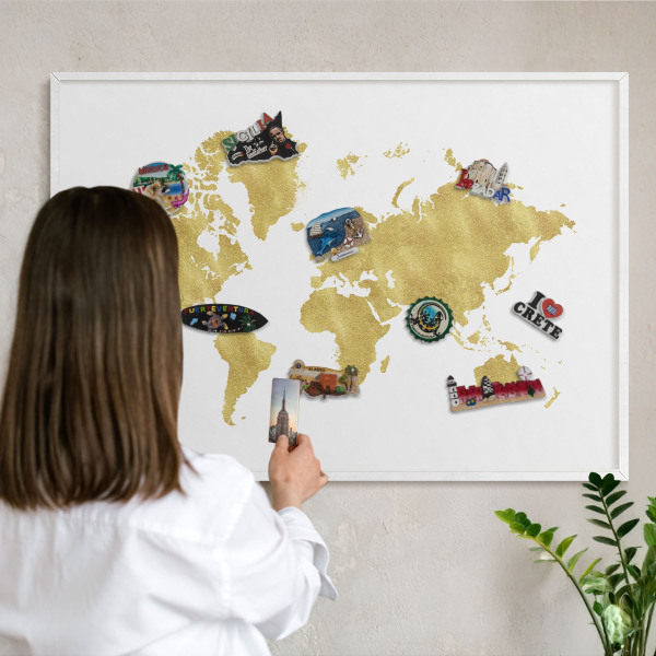 Wand-Magnettafel für Reisesouvenirs mit weißem Rahmen Weltkarte
