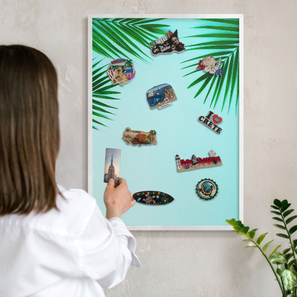 Wand-Magnettafel für Reisesouvenirs mit weißem Rahmen Grüne Blätter