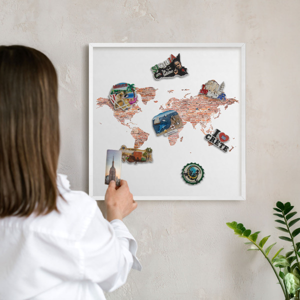Wand-Magnettafel für Reisesouvenirs mit weißem Rahmen Brick-Karte