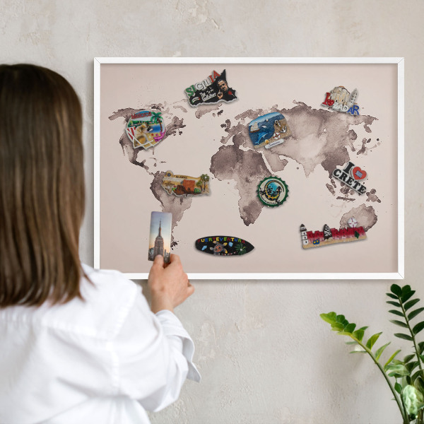 Wand-Magnettafel für Reisesouvenirs mit weißem Rahmen Weltkarte