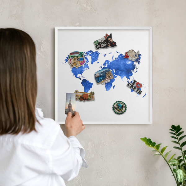 Wand-Magnettafel für Reisesouvenirs mit weißem Rahmen Weltkarte