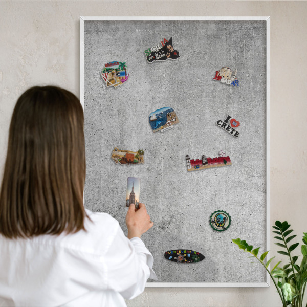 Wand-Magnettafel für Reisesouvenirs mit weißem Rahmen Betonmuster