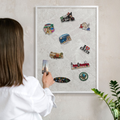 Wand-Magnettafel für Reisesouvenirs mit weißem Rahmen Grauer Marmor