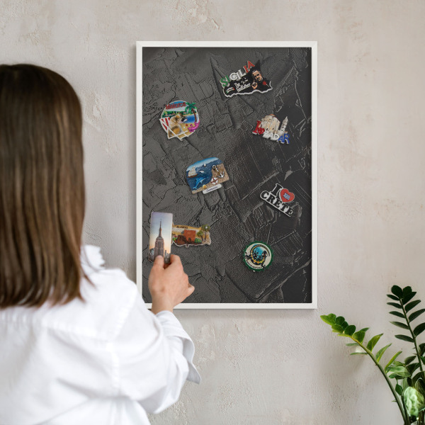 Wand-Magnettafel für Reisesouvenirs mit weißem Rahmen Strukturiertes Schwarz
