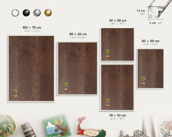 Wand-Magnettafel für Reisesouvenirs mit weißem Rahmen Braunes Holz