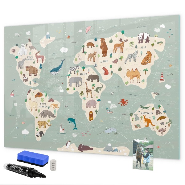 Schreib magnettafel Weltkarte mit Tierillustrationen