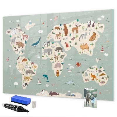 Schreib magnettafel Weltkarte mit Tierillustrationen