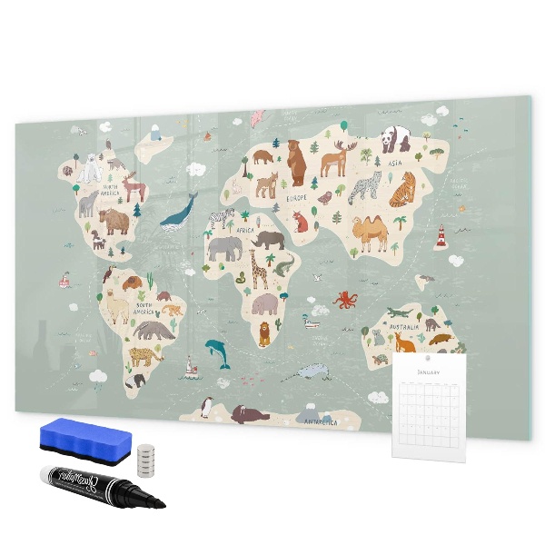 Schreib magnettafel Weltkarte mit Tierillustrationen