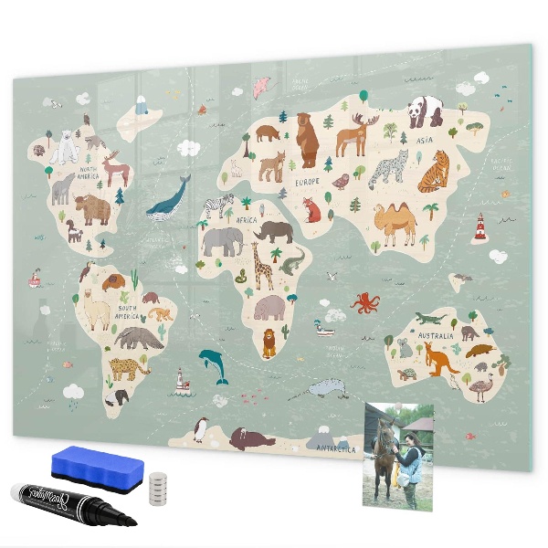 Schreib magnettafel Weltkarte mit Tierillustrationen