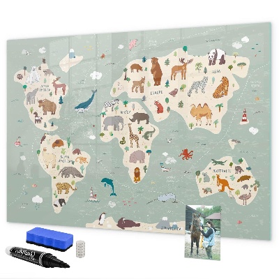 Schreib magnettafel Weltkarte mit Tierillustrationen