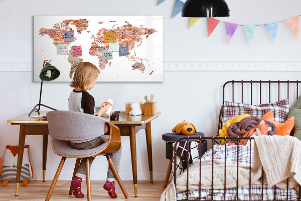 Magnettafel zum schreiben Weltkarte mit Fotos und Anmerkungen