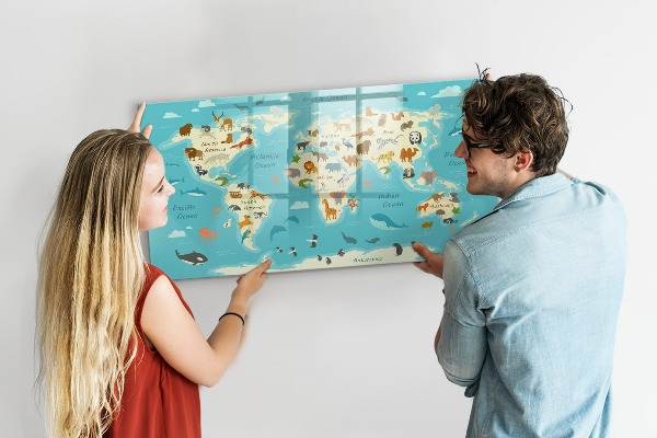 Schreib magnettafel Weltkarte mit Illustrationen und Fotos