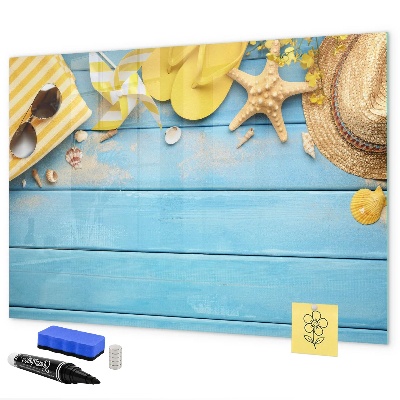 Magnettafel zum schreiben Sommererinnerungen auf blauem Hintergrund