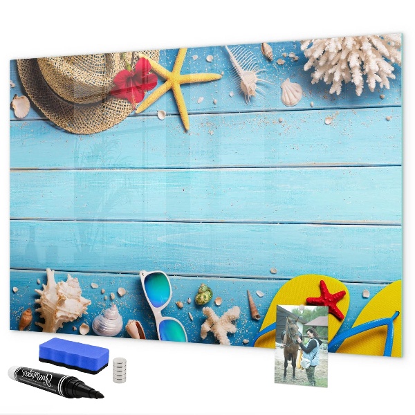 Magnettafel zum schreiben Sommererinnerungen auf blauem Hintergrund