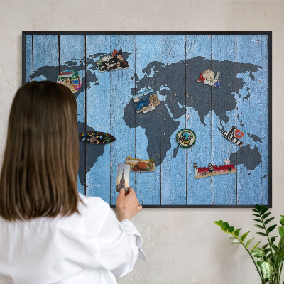Magnettafel Metall mit Rahmen in Schwarz Weltkarte