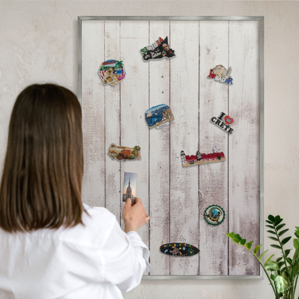Metalltafel für Magnete mit silbernem Rahmen Helles Holz