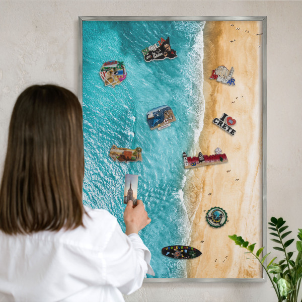 Dekoratives Magnetboard aus Metall in Silberrahmen Meer und Strand