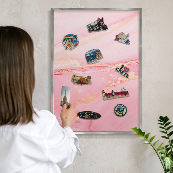 Metalltafel für Magnete mit silbernem Rahmen Rosa Eleganz