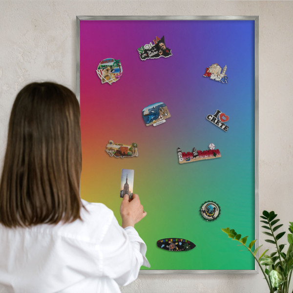 Metalltafel für Magnete mit silbernem Rahmen Regenbogenfarben