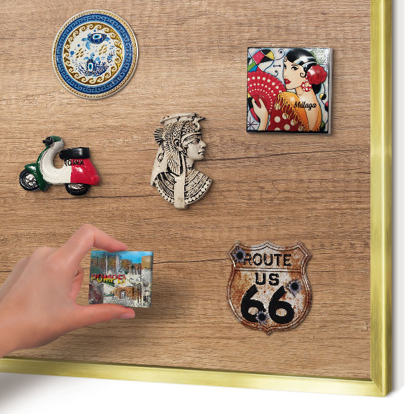 Magnettafel für Urlaubsmagnete in Goldrahmen Holzstruktur