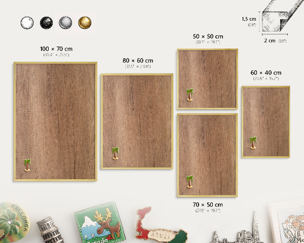 Magnettafel für Urlaubsmagnete in Goldrahmen Holzstruktur