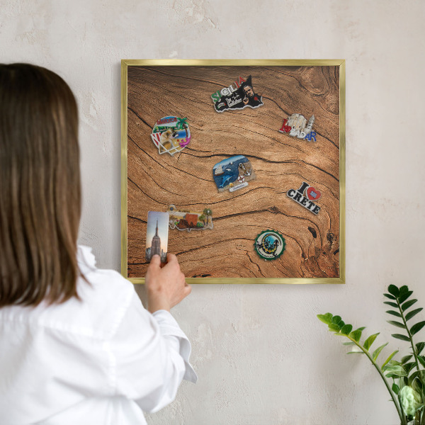 Magnettafel dekorativ bedruckt mit goldenem Rahmen Holzmaserung