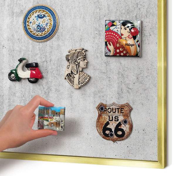 Magnettafel für Urlaubsmagnete in Goldrahmen Graue Textur