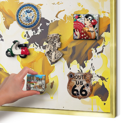Magnettafel für Urlaubsmagnete in Goldrahmen Weltkarte
