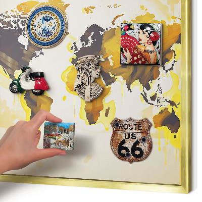 Magnettafel für Urlaubsmagnete in Goldrahmen Weltkarte
