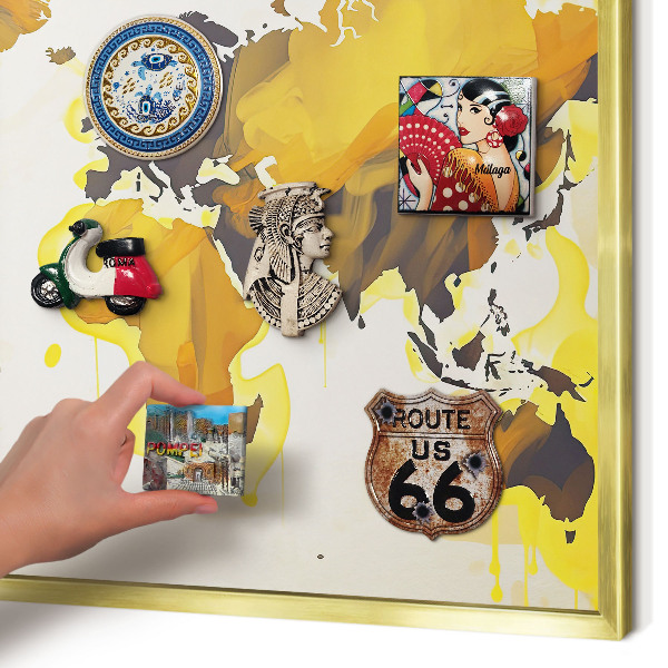 Magnettafel für Urlaubsmagnete in Goldrahmen Weltkarte