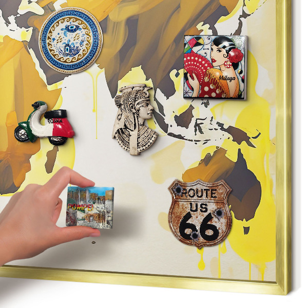 Magnettafel für Urlaubsmagnete in Goldrahmen Weltkarte