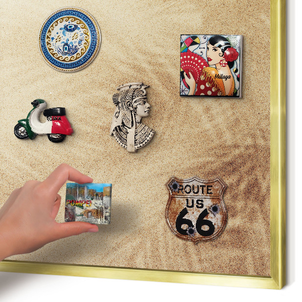 Magnettafel für Urlaubsmagnete in Goldrahmen Sandblätter