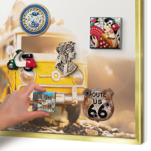 Magnettafel für Urlaubsmagnete in Goldrahmen Retro-Reisen