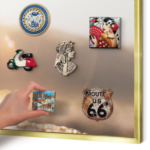Magnettafel für Urlaubsmagnete in Goldrahmen Retro-Reisen
