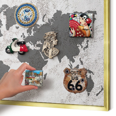 Magnettafel für Urlaubsmagnete in Goldrahmen Weltkarte