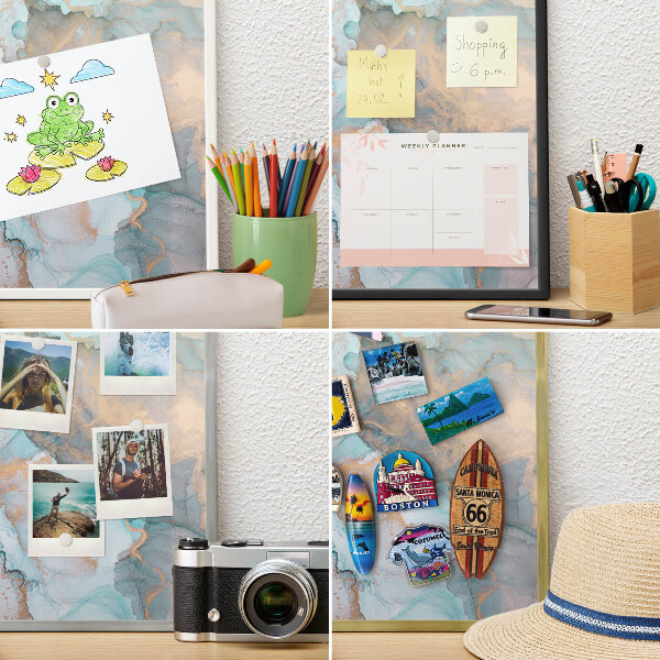 Magnettafel für Urlaubsmagnete in Goldrahmen Pastellformen