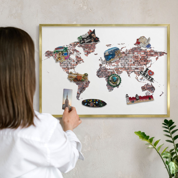 Magnettafel für Urlaubsmagnete in Goldrahmen Brick World