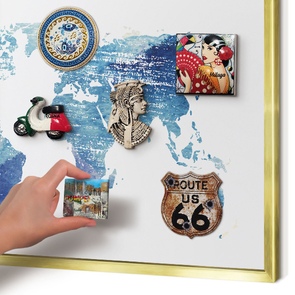 Magnettafel für Urlaubsmagnete in Goldrahmen Aquarellkarte
