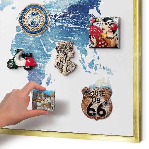 Magnettafel für Urlaubsmagnete in Goldrahmen Aquarellkarte