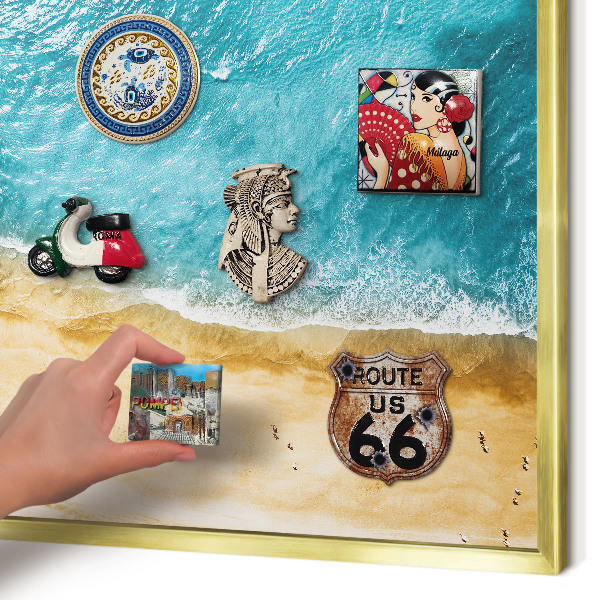 Magnettafel für Urlaubsmagnete in Goldrahmen Meer und Strand